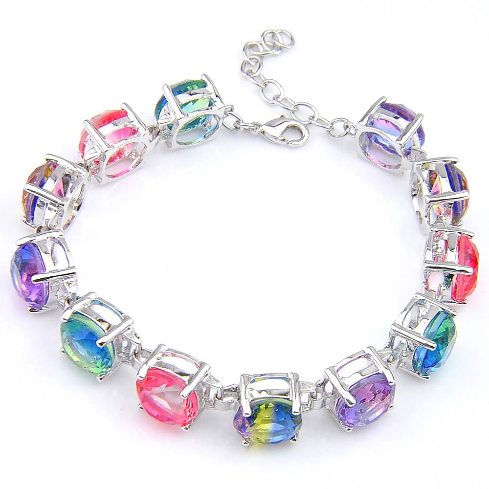 Luckyshine огонь новые круглые BI-COLORED турмалин кристалл Циркон драгоценный камень серебряные цепи браслеты Россия Австралия свадебные браслеты