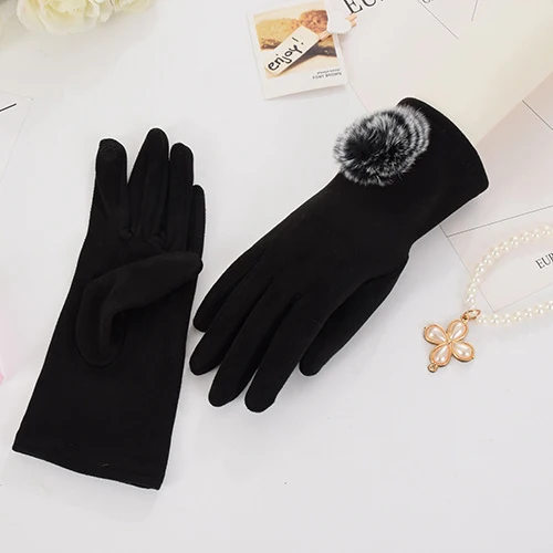 Black JSMYGS новые зимние перчатки женские замшевые сенсорные женские рукавицы длинные пальчиковые теплые перчатки меховые шарики декоративные осенние Luvas - Цвет: Black