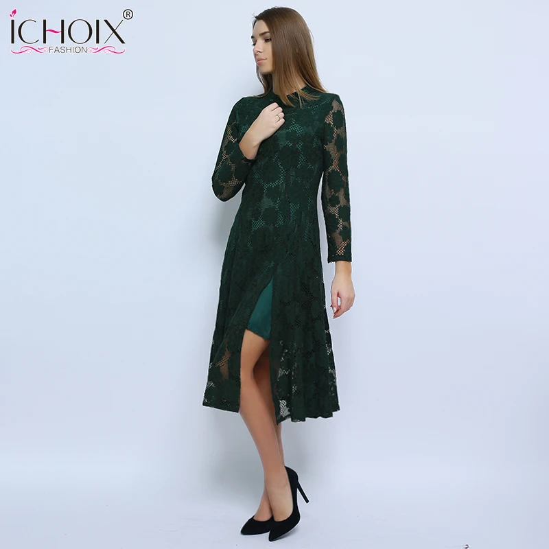 Ichoix 2018 осень Для женщин Кружево выдалбливают Платья для пикантные Femme