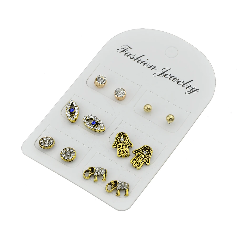 6 пар/компл. Rhinestone Золотая Цвет серебро слон руку рисунком глаз Серьги гвоздики