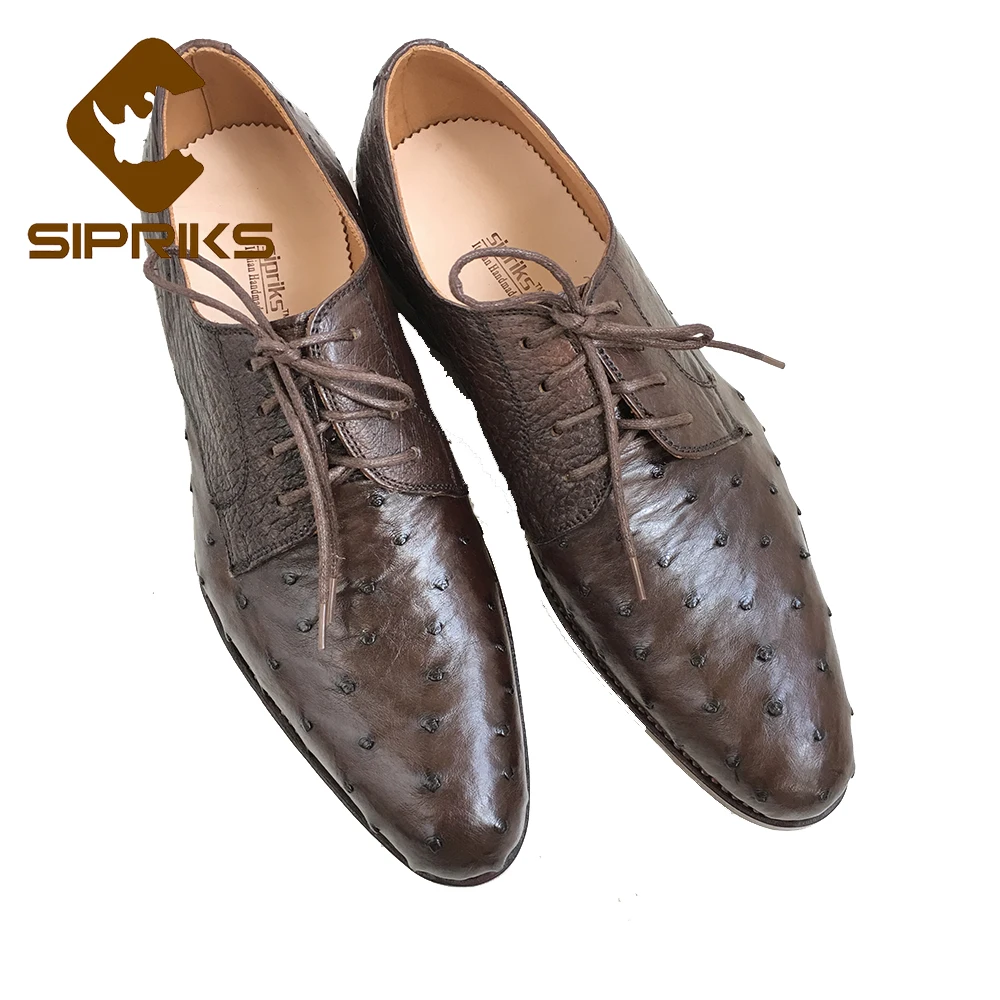 Sipriks Black Ostrich Skin Men's Suit Shoes Bespoke Goodyear Welted Dress Shoe Elegant Brown Hipster Boss Formal Derby Wedding