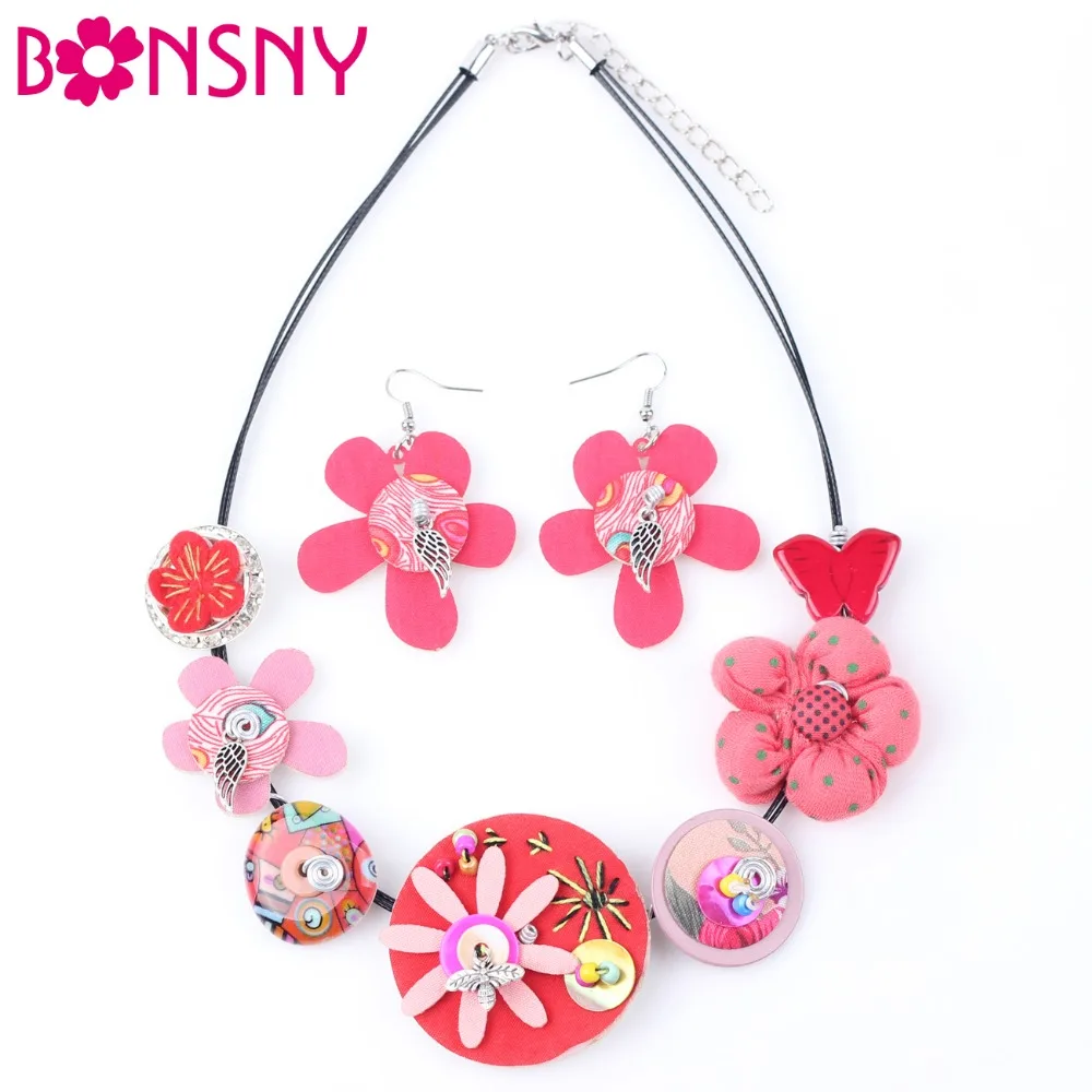 

Bonsny Brand Fabric HANDMADE Statement Flower Necklace Earrings Jewelry Sets Choker Collar Fashion Jewelry For Women 2017 News