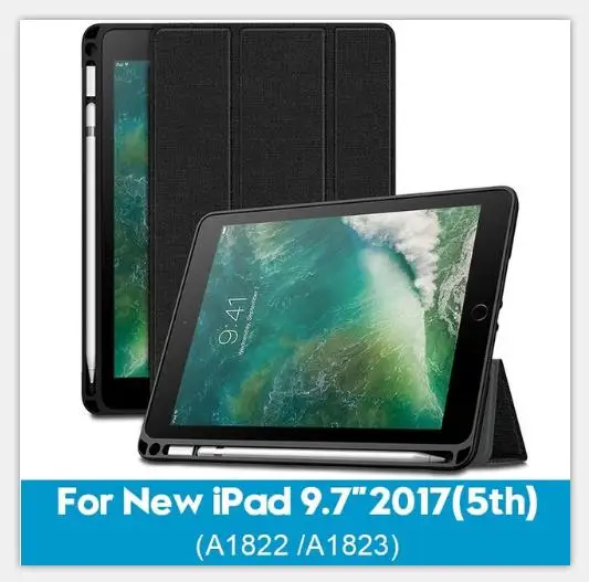 2017 9.7-black Чехол для нового iPad 9,7 дюймов с держателем карандаша Смарт из искусственной кожи ткань текстура мягкий силиконовый чехол teclado coque - Цвет: 2017 9.7-black