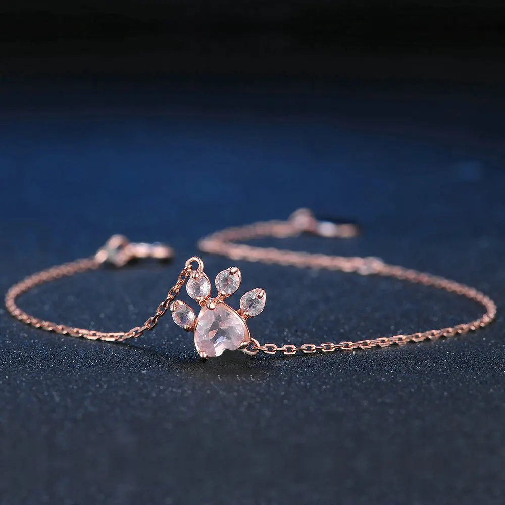 Romad 925 Sterling Silver Bracelets For Women Bear's Paw Natural Heart Pink Quartz Rose Gold Chain Charm Bracelet fine Jewelry |