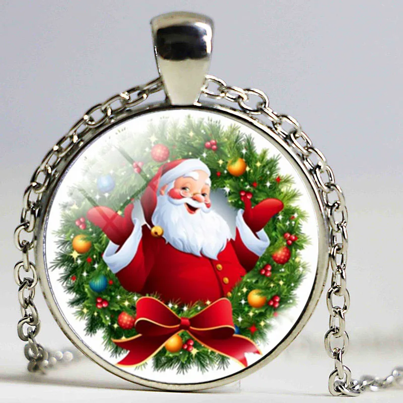 Рождественский Подарок Ожерелье Стекло Кабошон Санта Клаус Картина Заявление