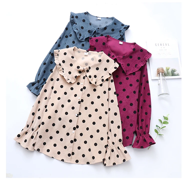 Blusas Femininas Япония Mori girl Блузка с оборками для женщин кукольный воротник в горошек Топы и блузки вельветовые свободные рубашки