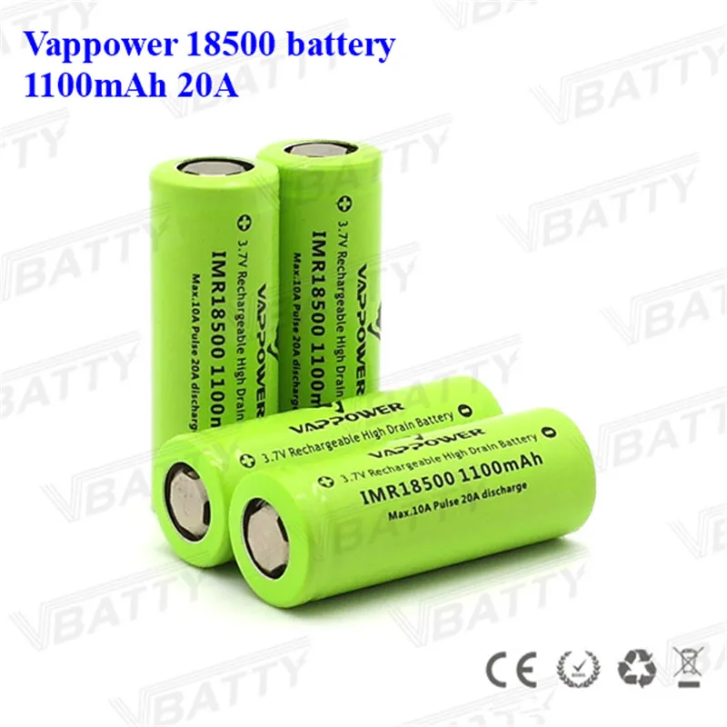 3,7 V 1100Mah IMR18500 литиевая аккумуляторная батарея Vappower 18500 1100mah 20A литий-ионная батарея для светодиодный фонариков