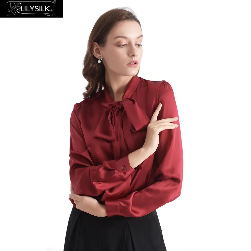 Claret LilySilk блуза шелковая с галстуком-бабочкой на шее Женская Новинка - Цвет: Claret