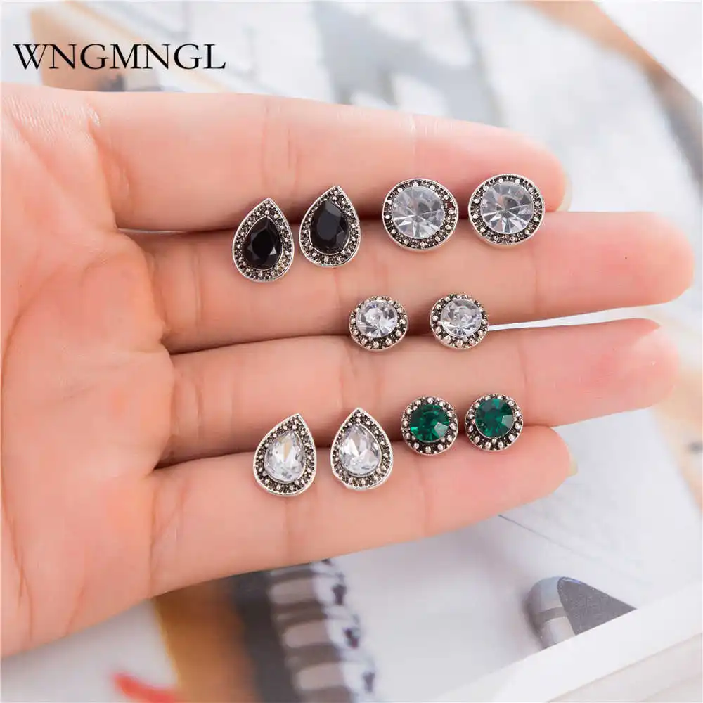 

WNGMNGL 5 Pairs/Set 2018 New Brincos Femme Bohemian Vintage Green Black Crystal Droplet Stud Earrings Set for Women Jewelry