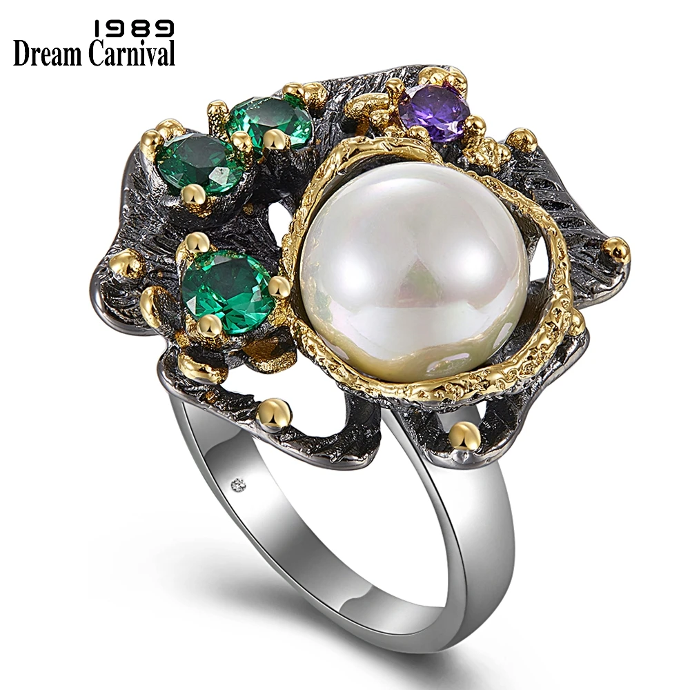 DreamCarnival 1989 New Arrivals Vintage Rings for Women Flower Style with Green Zircon White Pearl Hot Pick Chic Jewelry WA11637