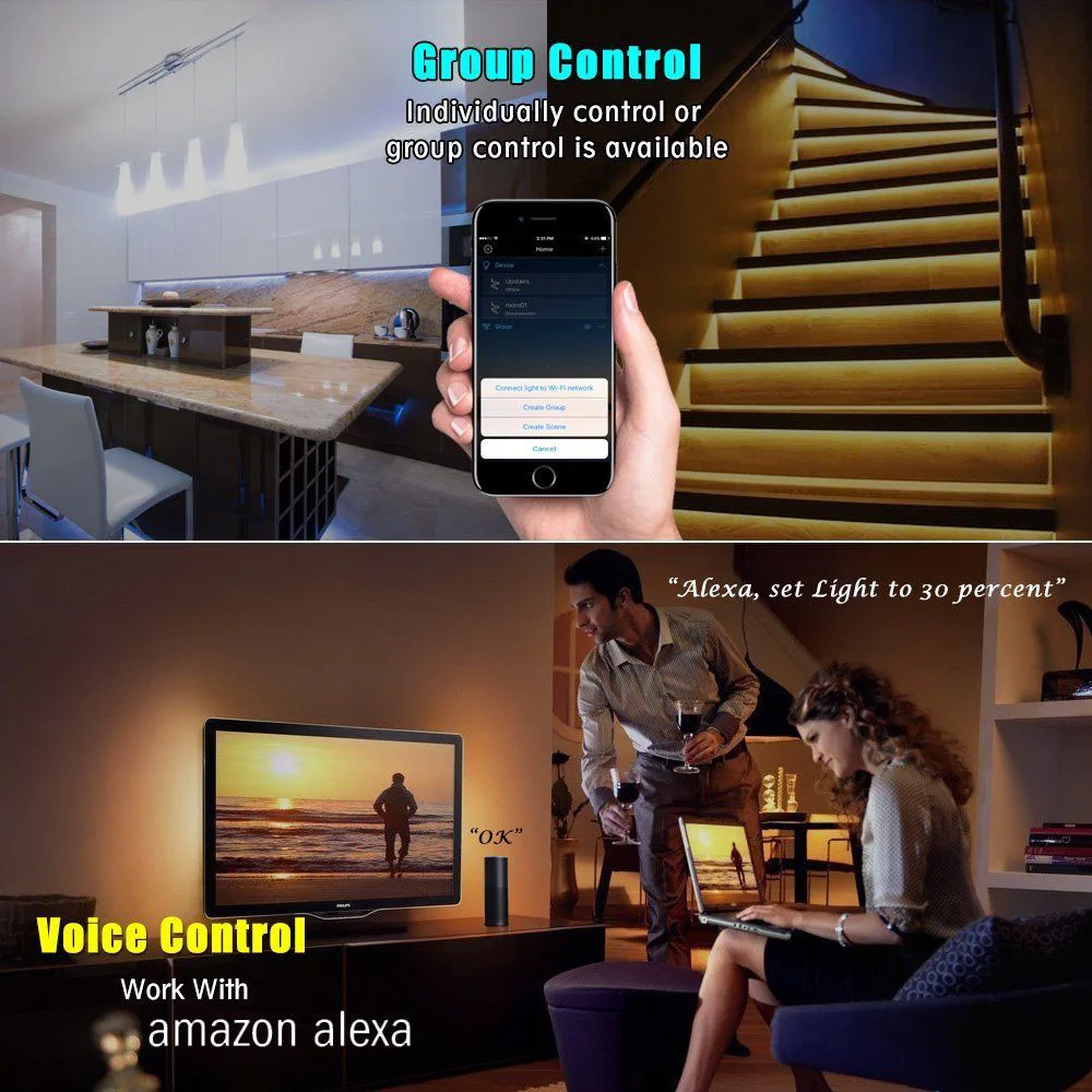 

JIAWEN 5M 5050 RGB WIFI LED Strip light Waterproof 24Key Remote WIFI Wireless Controller 12V adapter Full Kit Work with Alexa