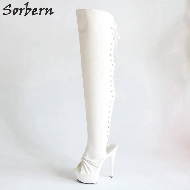 Sorbern Fashion Over The Knee Boots For Women Open Toe Lace Up Back Custom Leg White Boots Opening Of The Boot Women Wide Fit