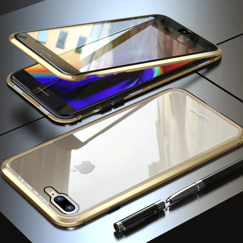 Переднее и заднее стекло Магнитный чехол для iPhone Xs MAX 360 Флип Роскошный металлический бампер прозрачный стеклянный чехол для iPhone 7 8Plus XR чехол флип