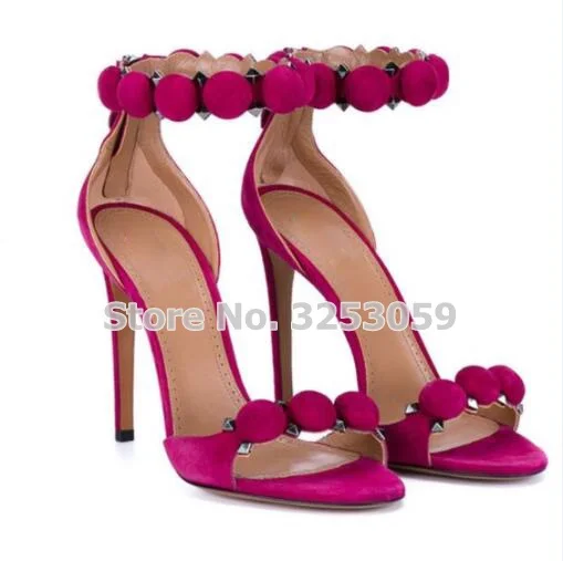 ALMUDENA/дизайнерская обувь; женские летние сандалии с шипами и пуговицами; Украшенные высокие каблуки; туфли-лодочки на шпильке с помпонами - Цвет: as picture
