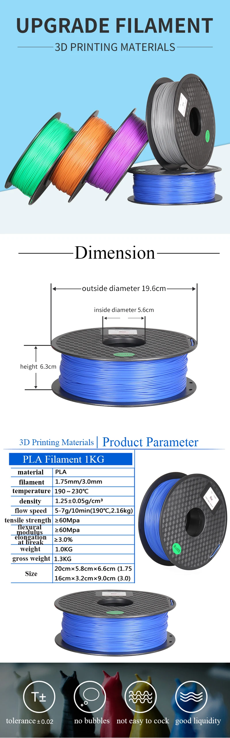 Kee Pang 3d принтер PLA Филамент 1,75 мм Филамент мерная точность+/-0,02 мм 1 кг 300 м 2.2LBS 3D печатный материал для RepRap