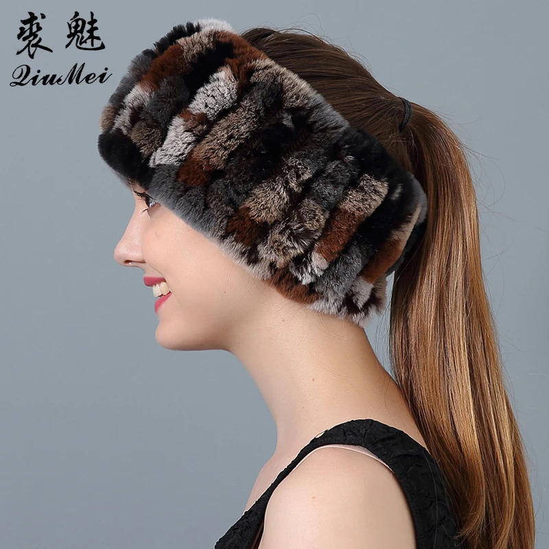 Женская шапка из натурального меха вязаная повязка на голову кролика Рекс