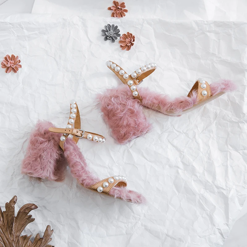2019 г. летние босоножки женская милая розовая шерстяная обувь с бусинами модная на