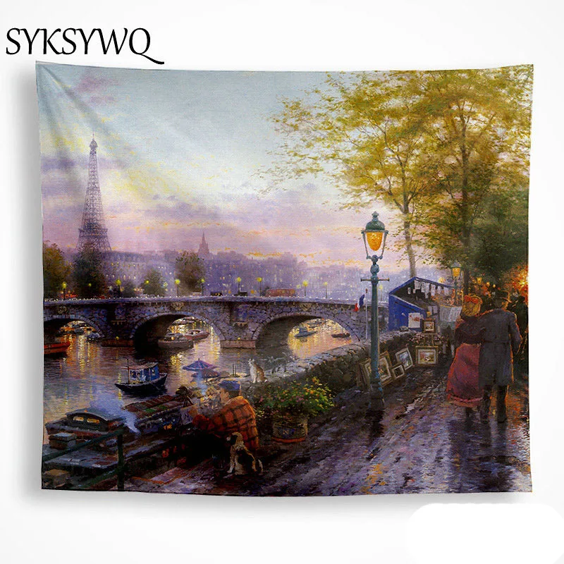 Гобелен с рисунком реки Сены красивые пейзажи парижский мост башня настенное