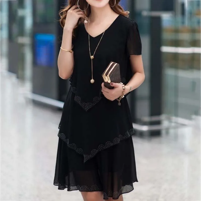 Женское платье большого размера модное повседневное тонкое шифоновое с коротким