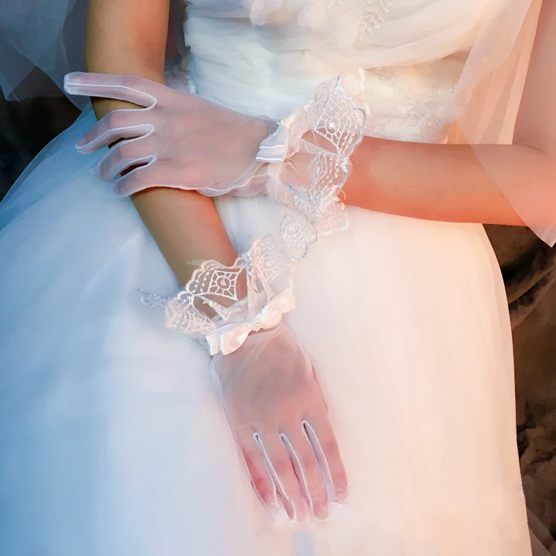 Fashion Bride Wedding Lace Bow Solid Color Full Finger Gloves Wrist Length Female Prom Dress European and American Accessories | Свадьбы и