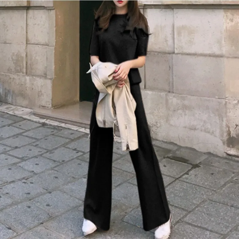 

Soft Short Sleeve Top Cashmere Pants Two Pieces Sets Solid Wide Leg Pants Knitted Sets Loose Women Casual Suits
