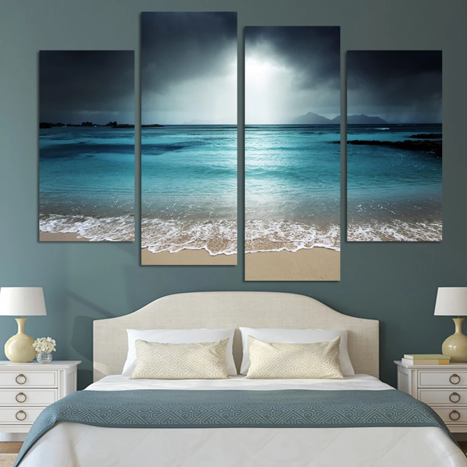 

4 Panel Modern Wall Art Home Decoration Frameless Painting Canvas Prints Pictures Sea Scenery With Beach Unframed Art Works