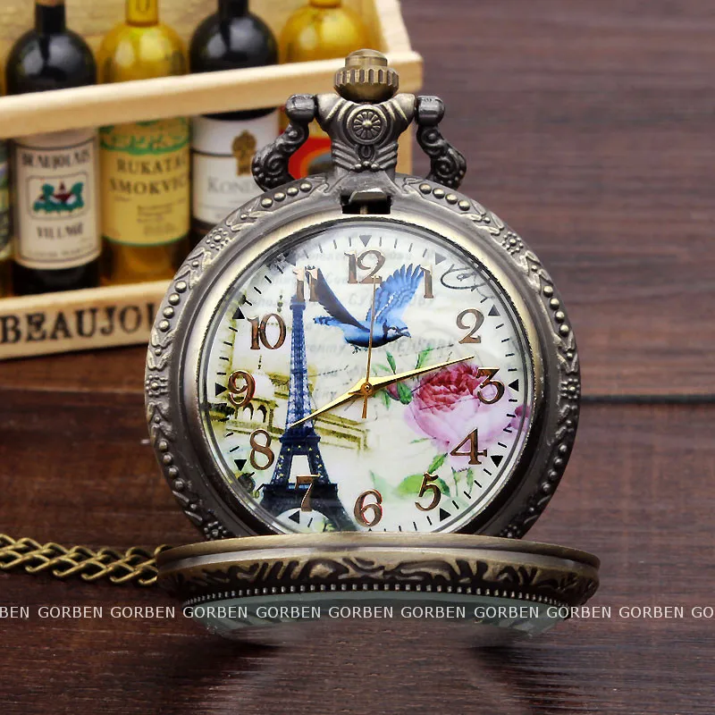 Античная Эйфелева башня Любовь Птица цветок полый кварцевый Карманный