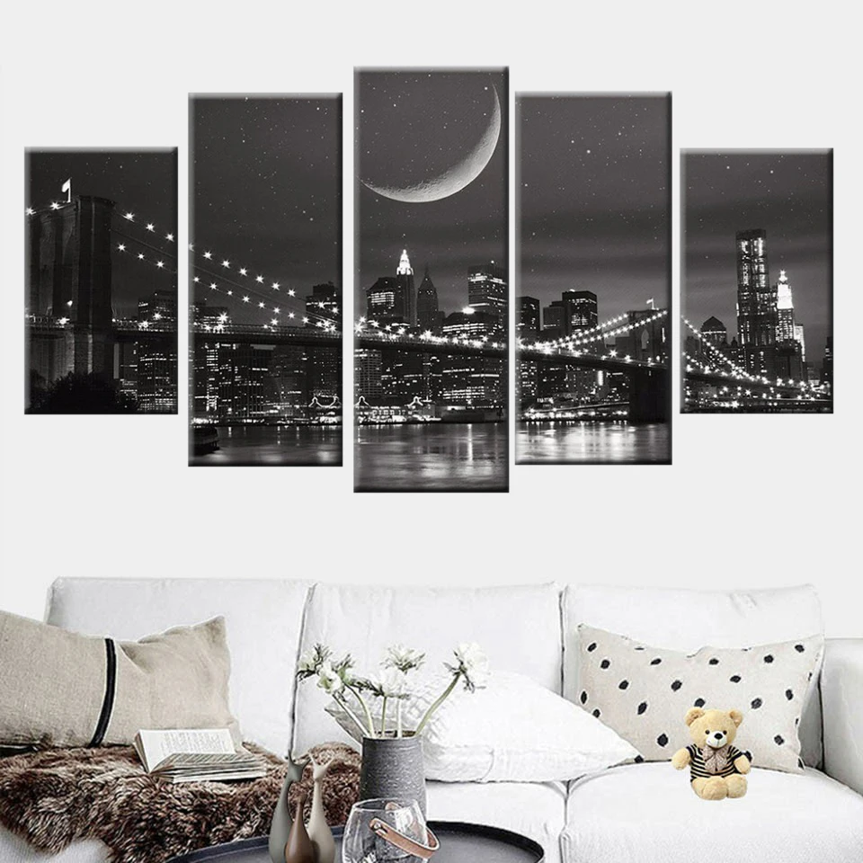 Холст Картина модульная Wall Art рамка домашний Декор 5 шт. New York City Ночная съёмка