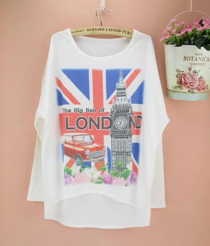 Модная Осенняя женская футболка с длинным рукавом летучая мышь принтом Большой