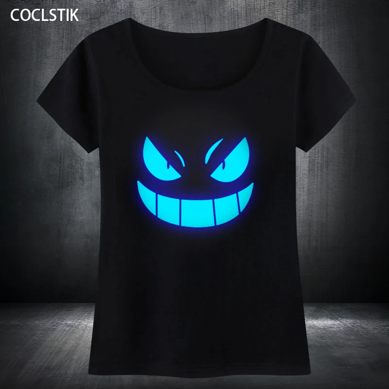 100% хлопок женская летняя синяя флуоресцентная футболка с аниме Snicker Grin