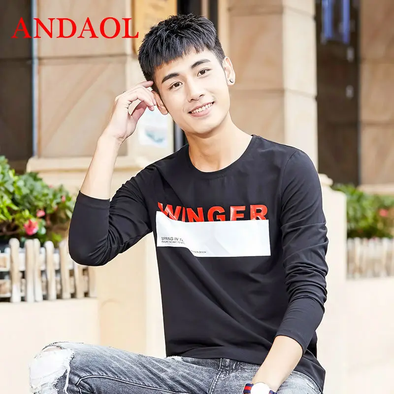 

ANDAOL Men's O-Neck Slim Long-sleeve T-shirts Top quality Spring autumn Lycra Tshirts New Luxury Casual Print Letter Tops Tees
