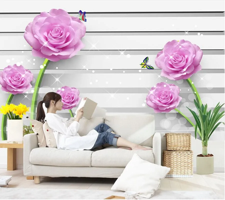 Пользовательские цветы обои 3D фиолетовые розы фрески для гостиной спальни ТВ фон