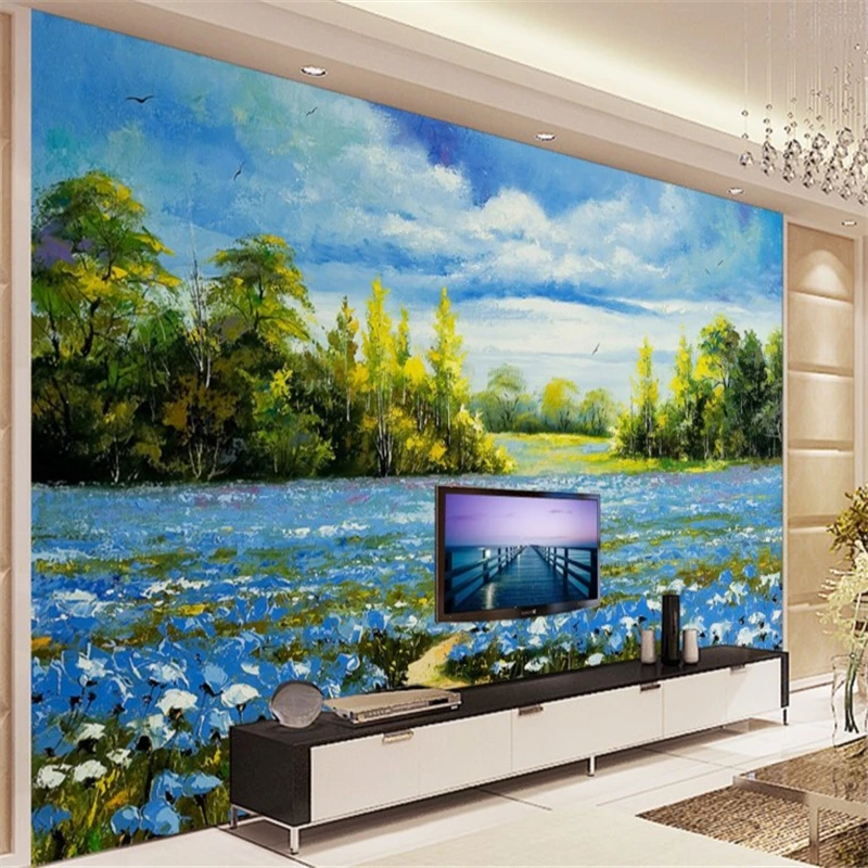 

beibehang Large custom wallpapers blue flowers sea landscape oil painting TV backdrop papel de parede para sala estar