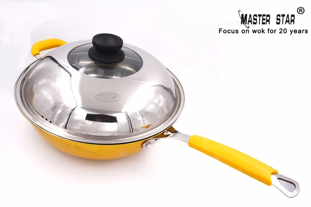 Wok из нержавеющей стали Master Star Luxury Yellow Woks 304 с крышкой и антипригарным покрытием