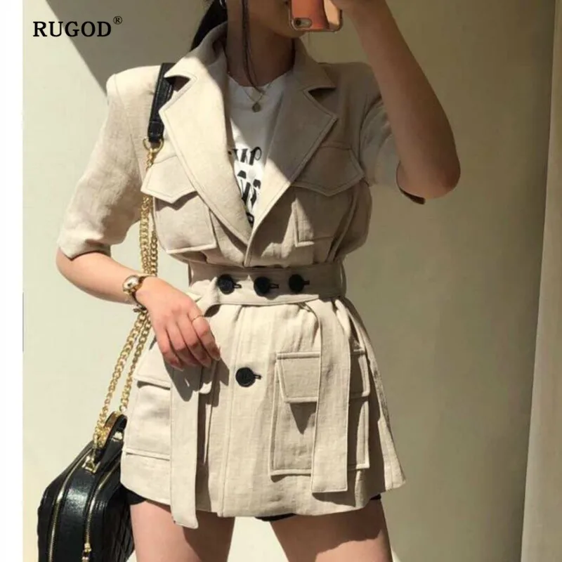 RUGOD 2019 новый модный костюм с коротким рукавом тонкий пиджак пуговицами и поясом