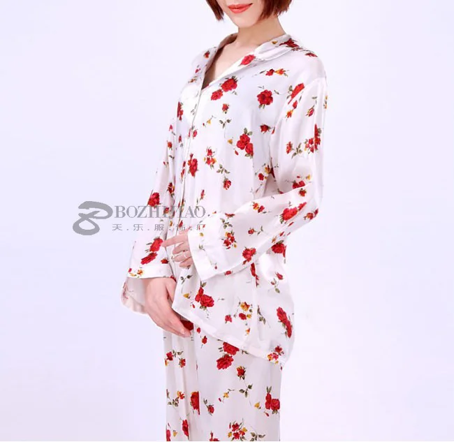 The new large code long-sleeved home furnishing service 100% silk women's two piece set