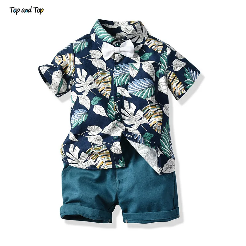 Top and Hawaiian Summer Toddler Newborn Baby Boy Gentleman Outfits Short Sleeve Printed Shirt+Shorts Bebe 2 Pcs Suit |