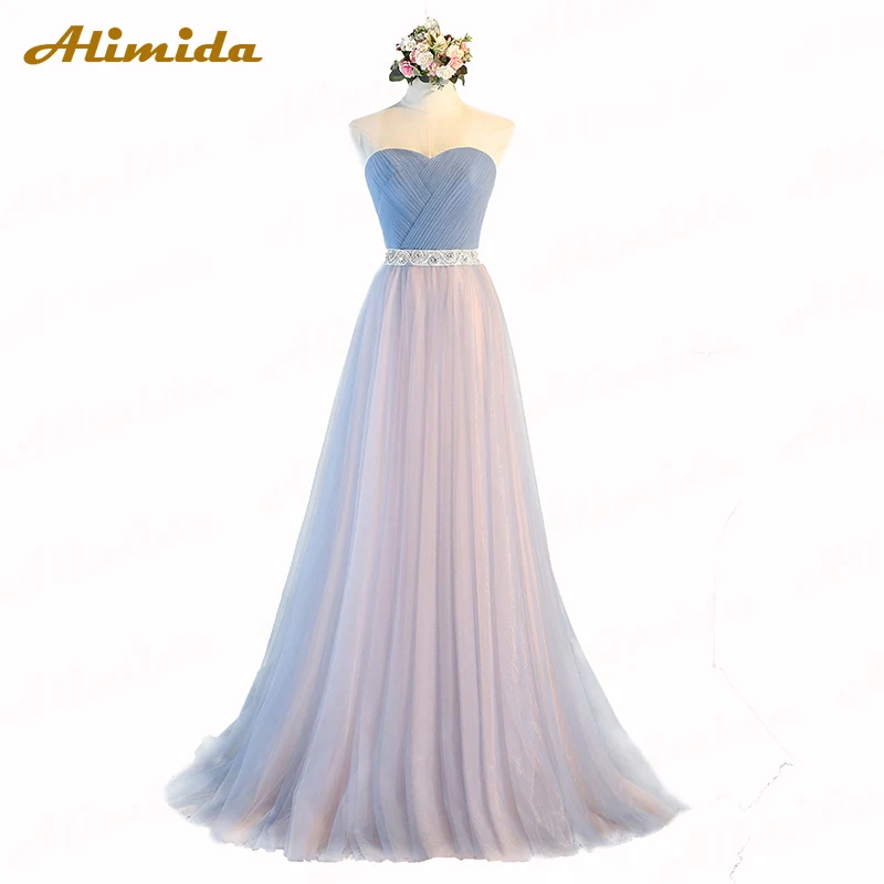 

ALIMIDA Tulle Evening Dress 2020 Strapless Sweetheart A-Line Prom Dresses Crystal Sashes Party Dress Floor Length robe de soiree