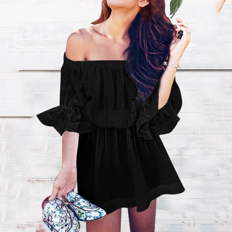 2018 Summer Women Sexy Off Shoulder Dress Slash Neck Backless Flare Sleeves Solid Color Cotton | Женская одежда