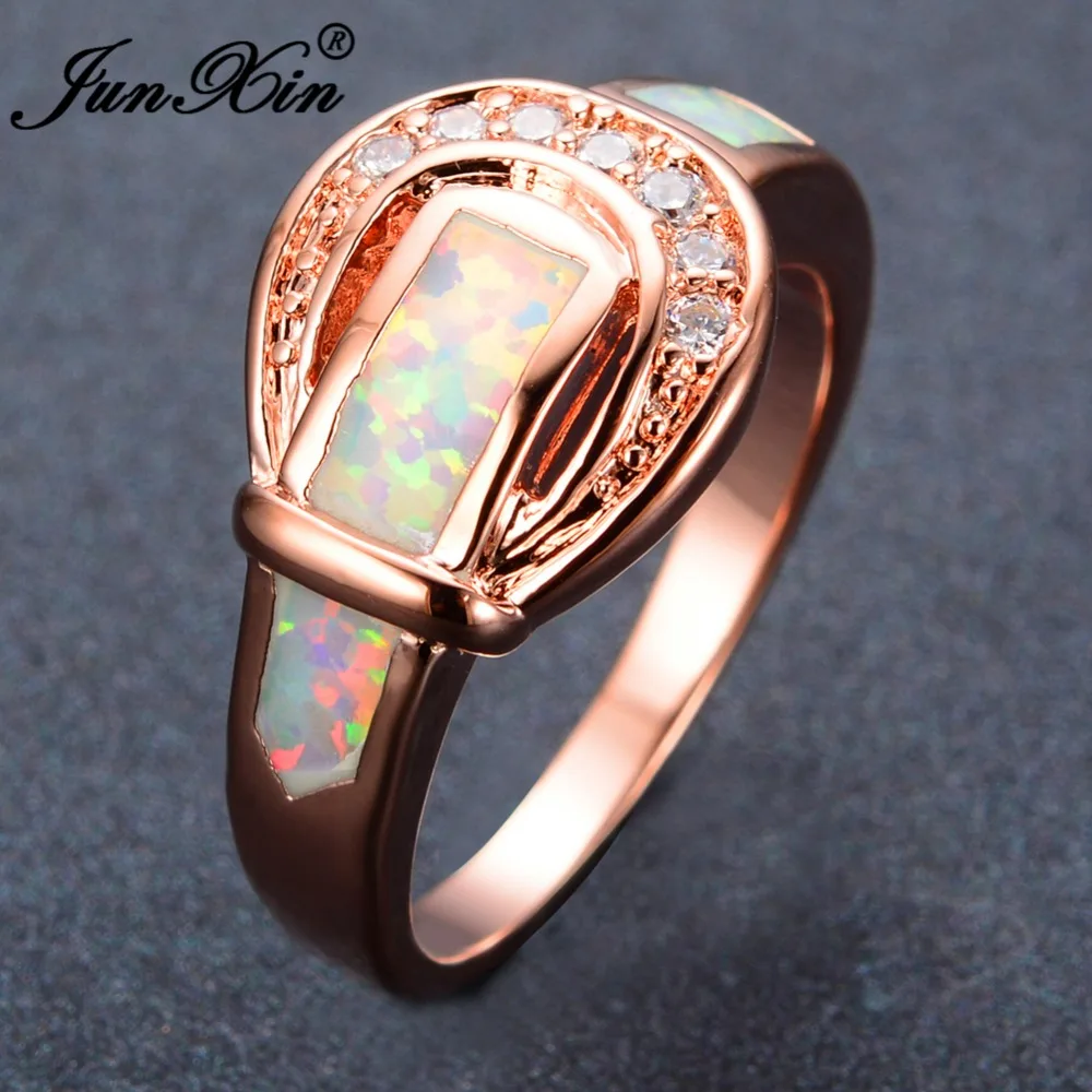 

JUNXIN Gorgeous Women White Fire Opal Ring Fashion Rose Gold Filled Jewelry Vintage Wedding Rings For Women Best Gifts