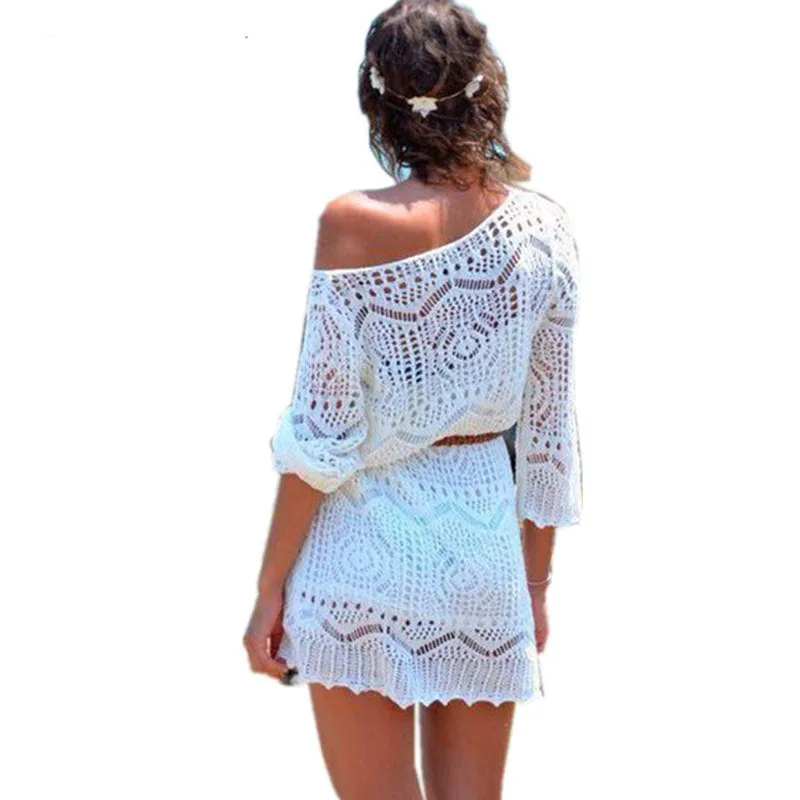 with belt 2018 Beach White Crochet Saida De Praia plus size swimwear cover ups Patchwork Embroidery Sexy bathing suit |