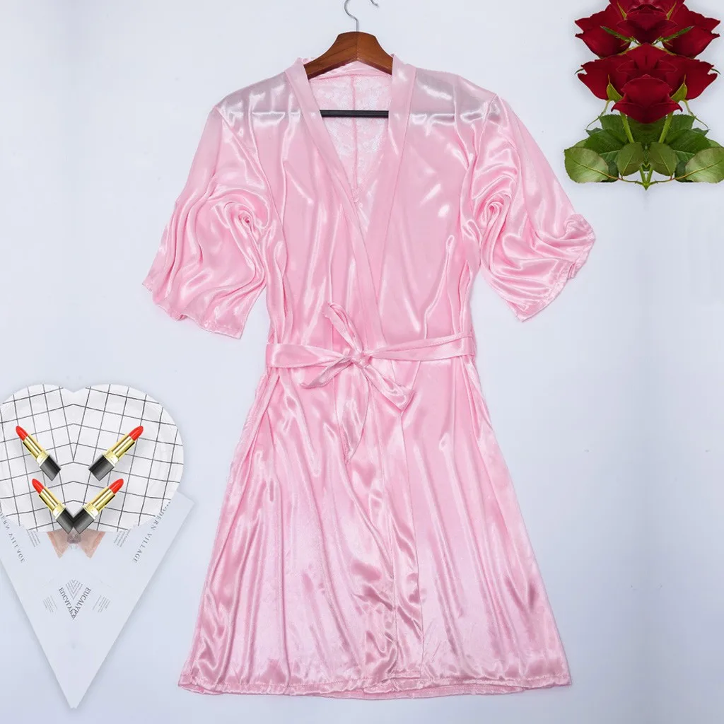 Женский сексуальный Шелковый Атласный банный халат кружевное белье одежда для