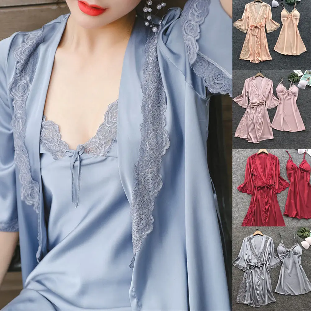 Комплект из 3 предметов женское белье Шелковое кружево банный халат Babydoll ночная