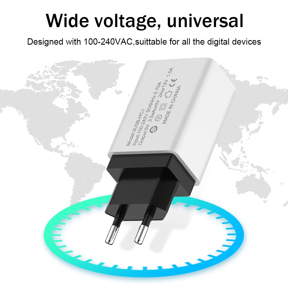 Универсальное зарядное устройство с 3 портами USB 2 А для iPhone Android дорожное