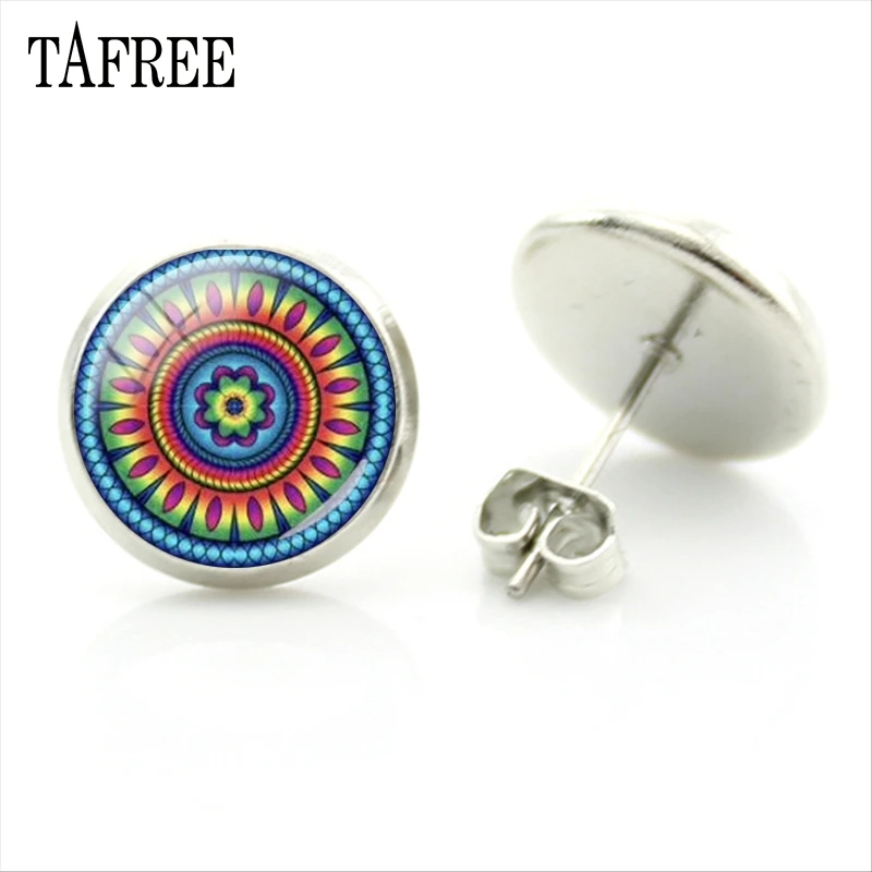 

TAFREE Colorful Mandala Stud Earrings Zan Yoga Fashion Design Glass Cabochon High Quality Ornaments Women Decoration HN151
