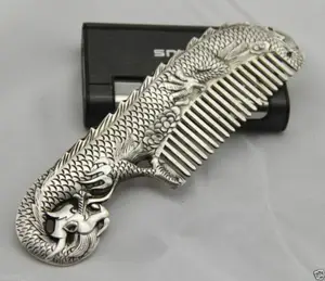 Старинные коллекционные вещи украшенный Miao Серебряный ручная работа резной дракон элегантный гребень украшение