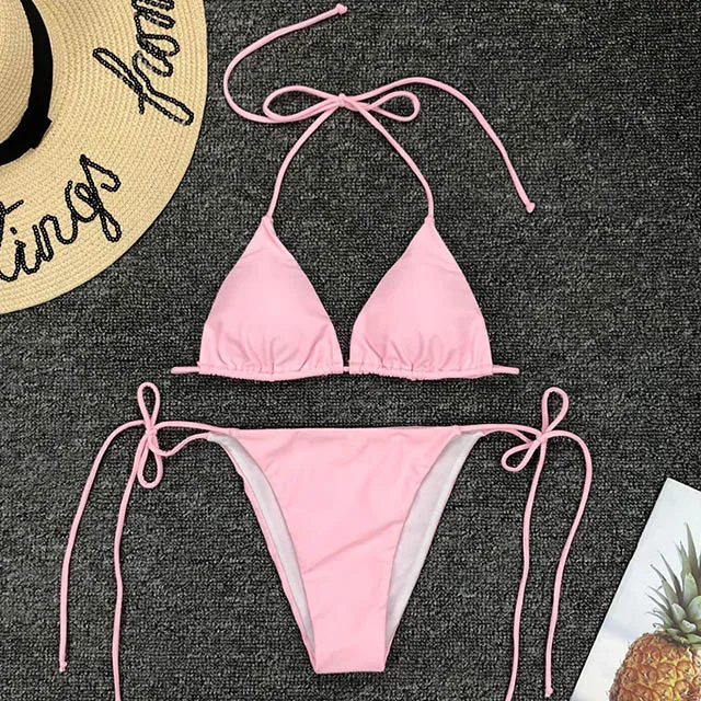 B353Pink Сексуальный микро неоновый Бразильский бикини женский купальник с лямкой через шею женский купальник с завязками бандо комплект бикини из двух предметов купальный костюм - Цвет: B353Pink