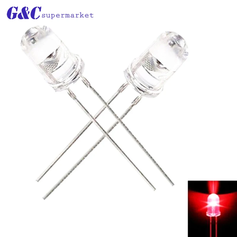100PCS Red 50/100 шт 5 мм круглый синий/красный/зеленый/желтый/оранжевый длинные F5 светодиодный излучающие диоды для подавления переходных скачков напряжения прозрачный "сделай сам" - Цвет: 100PCS Red