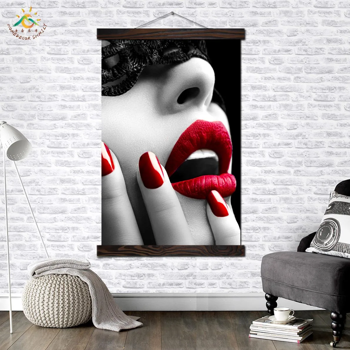 

Red Lip Fingers Modern Wall Art Print Pop Art Picture And Poster Solid Wood Hanging Scroll Canvas Painting Home Decor