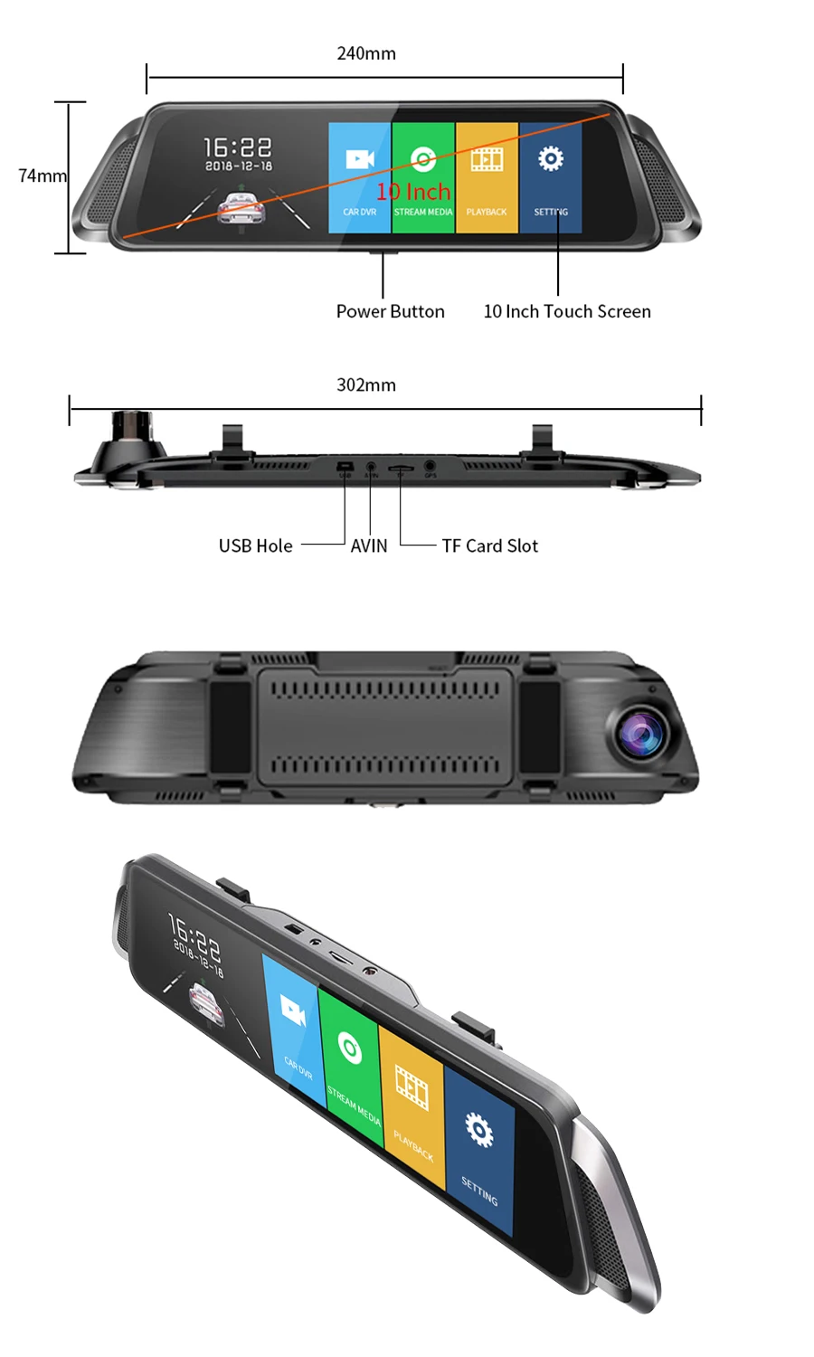E-ACE, 10 дюймов, Автомобильный видеорегистратор, зеркало FHD 1080 P, видеорегистратор, автомобильная камера, двойной объектив, с камерой заднего вида, авто Регистратор
